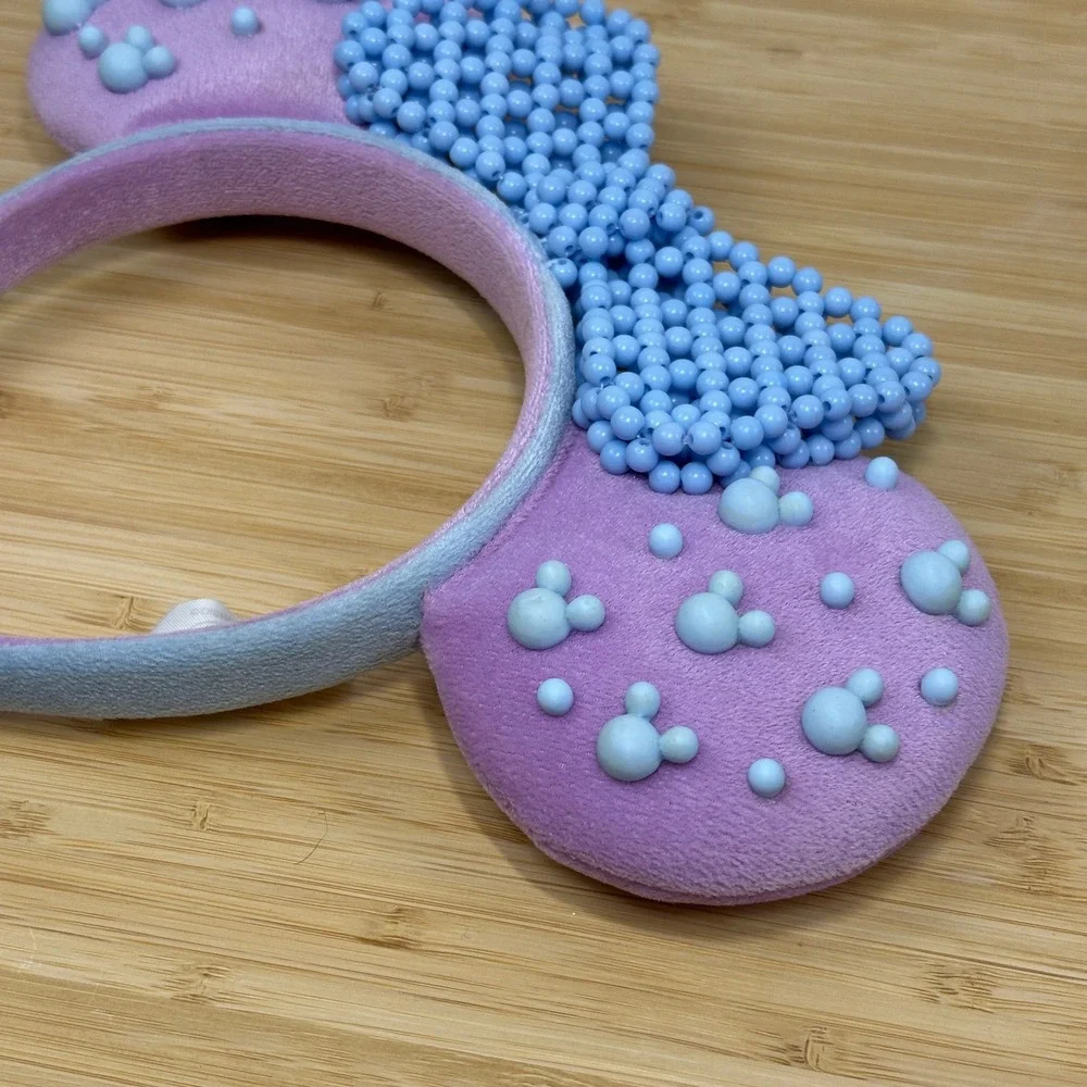 Disney Parks Pink with Mickey Icons Blue Beaded Bow Minnie Mouse Ears Headband